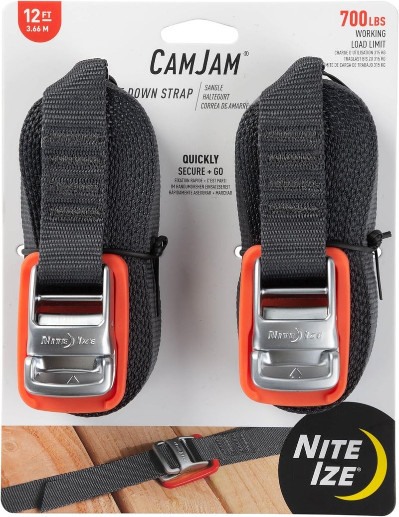 NiteIze CamJam Tie Down Strap - Tie Down Ratchet Straps - Straps for Trucks & Cars - Tie Downs for Luggage & Gear - 12 ft Strap, Orange (Pack of 2) - Image 1